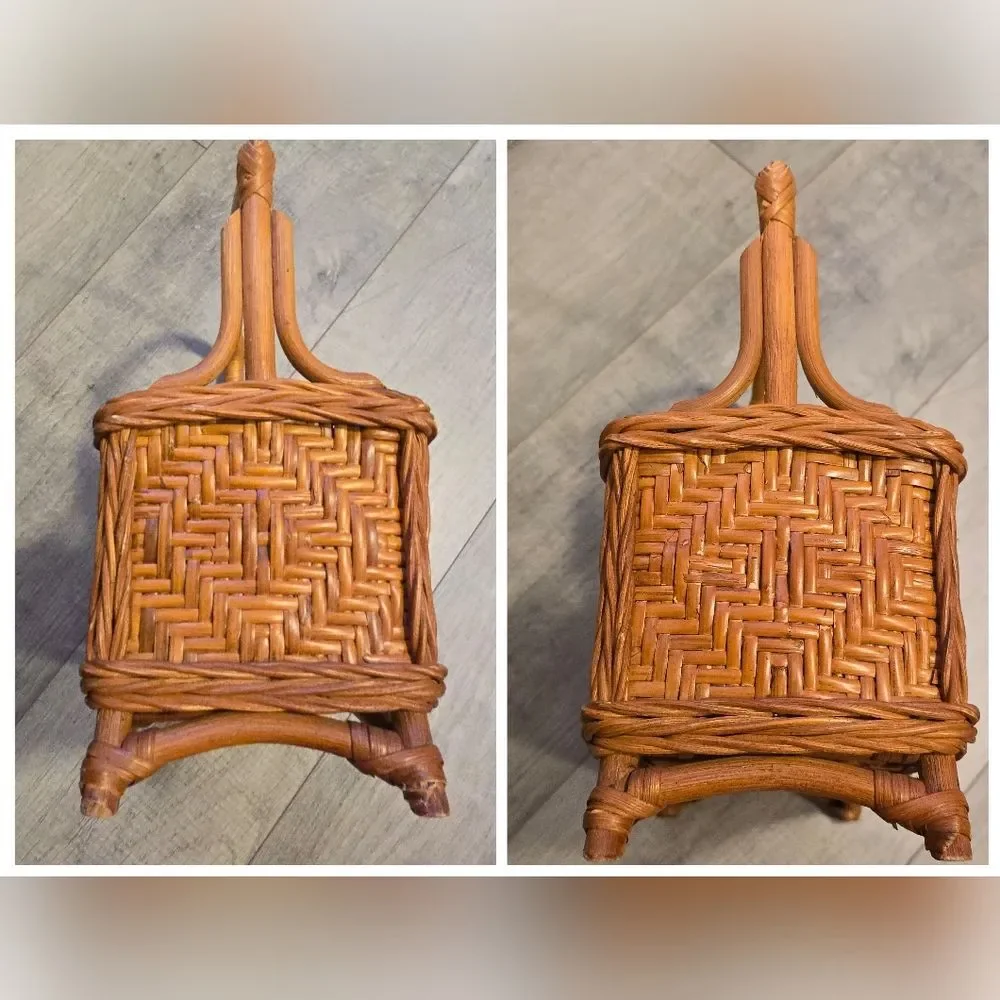 Vintage Bamboo Wicker Basket Utensil Caddy Storage Bohemian Organizer